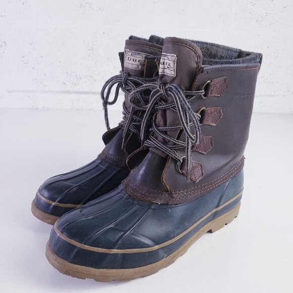 Vintage Duck Boot Brand Boots Mens 9 Blue Brown Leather Rubber Lace Up Mid-Calf - Picture 1 of 12